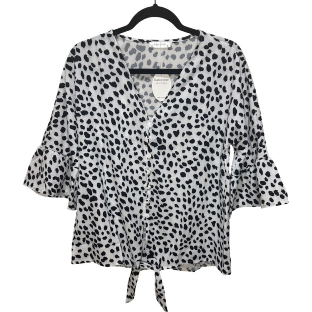 Womens Button Down V Neck Tie Knot Front Tops 3/4 Sleeve Chiffon